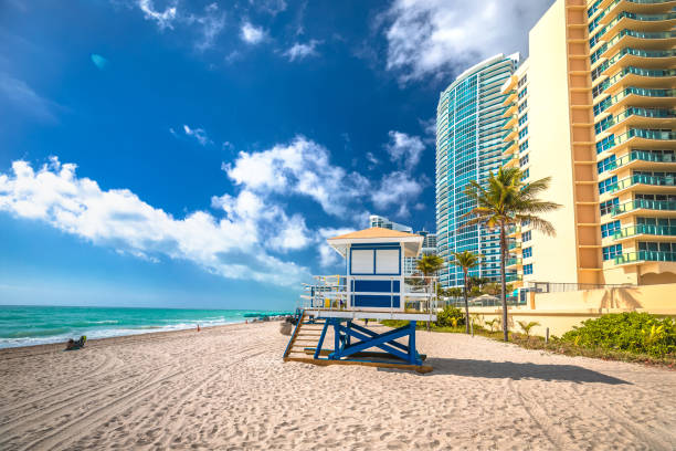 Turquoise sand ocean beach and waterfront in Hollywood, Florida view, United states of America