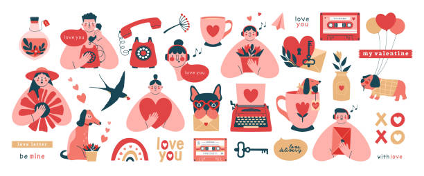 バレンタインデーのクリップアートと人々、犬、タイプライター、カセットテープ。 - love flower single flower letter点のイラスト素材／クリップアート素材／マンガ素材／アイコン素材