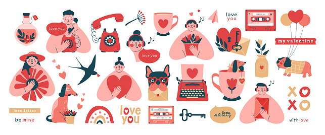 Big collection of creative Valentine's Day clip arts. Cute kawaii illustrations of persons, dogs, ribbon, typewriter, cassette, telephone, heart, love letter, cup. Vector cartoon clip arts with text.