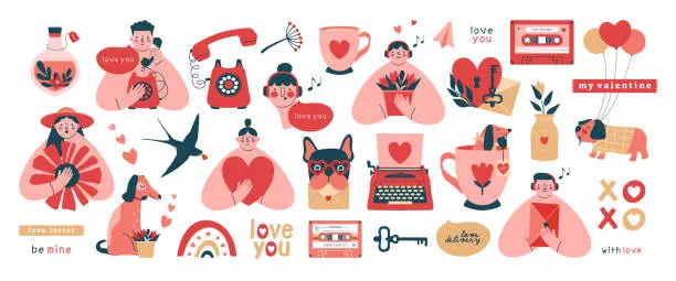 Vector illustration of Valentine's Day clip arts with peoples, dogs, typewriter, cassette tape.