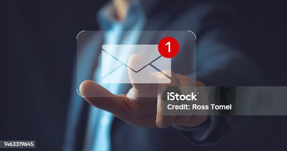 istock New email notification concept for business e-mail communication and digital marketing. Inbox receiving electronic message alert. business people touch on email in virtual screen. internet technology 1463319645