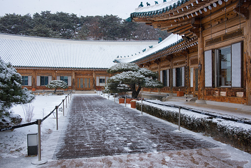 Seoul, Korea - January 26th 2023, Snowy winter morning, its the Presidential Residence in Cheongwadae, the Blue House opening to the public in Seoul Korea. 청와대