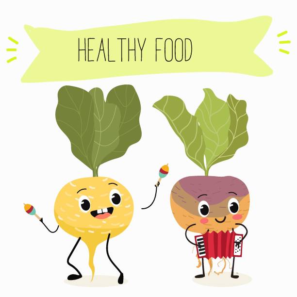 ilustrações de stock, clip art, desenhos animados e ícones de vector illustration with funny cartoon characters swede, rutabaga, turnip. funny and healthy food. vitamins, cute face food, ingredients, vegetarian, vector cartoon, antioxidant. - rutabaga