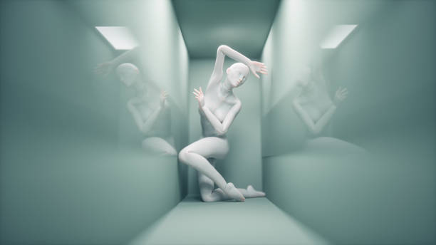 Abstract woman inside a tight corridor. Anxiety and overthinking concept. stock photo