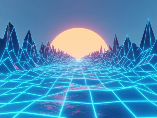 istock Sci-fi road with an outline glowing. A futuristic path surrounded by a mountain with a shining sun at the end. Retrowave horizon landscape with blue neon lights and low poly terrain. 1463333354