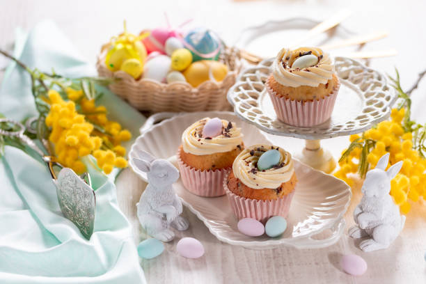 istock Homemade Easter vanilla cupcakes bird's nest with butter cream, chocolate and candy eggs on a dish. 1463336174