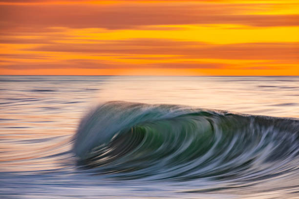 istock Smooth ocean wave breaking in early morning golden light and dramatic sky at sunrise 1463337085