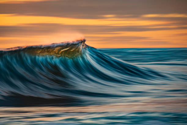 istock Smooth ocean wave breaking in early morning golden light and dramatic sky at sunrise 1463337147