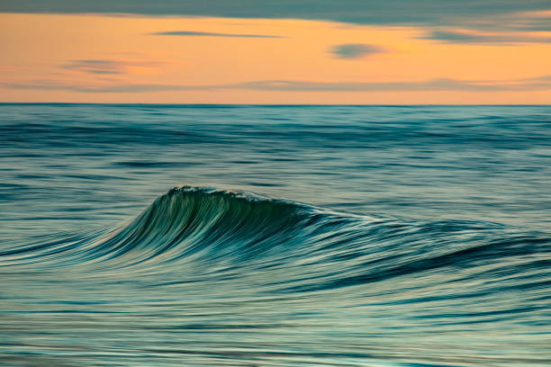 istock Smooth ocean wave breaking in early morning golden light and dramatic sky at sunrise 1463337184