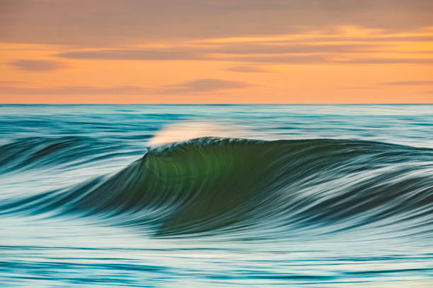istock Smooth ocean wave breaking in early morning golden light and dramatic sky at sunrise 1463337746