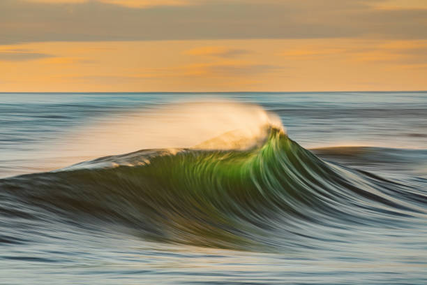 istock Smooth ocean wave breaking in early morning golden light and dramatic sky at sunrise 1463338856
