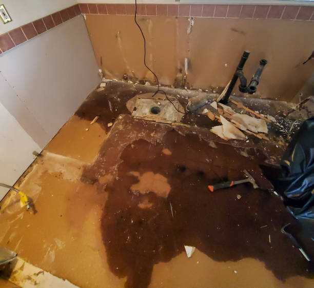 Water loss in a kitchen after a pipe backup flooring and cabinetry removed