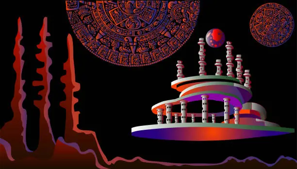 Vector illustration of Construction of spaceships of the future and computer networks. Distant planet.  Mayan calendar.
