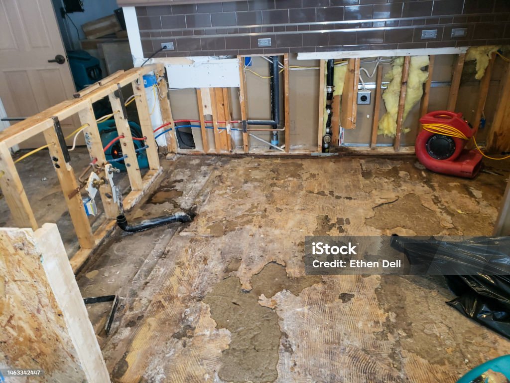 Kitchen demolition after a frozen water pipe broke Accidents and Disasters Stock Photo