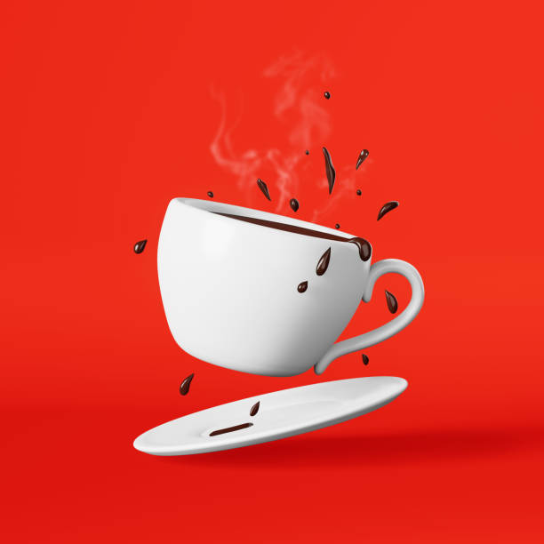 istock Flying hot chocolate porcelain cup splashes drops 3D rendering red. Floating fresh brewed steaming coffee cocoa drink 1463343798