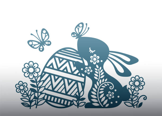 wektorowa ilustracja zająca, króliczka, królika wśród kwiatów z motylem. sylwetka uroczego króliczka z pisanką do cięcia laserowego lub motyla kartkowego. piękny baner na wiadomość tekstową wesołych świąt wielkanocnych - floral pattern butterfly easter easter egg stock illustrations