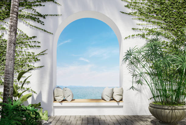 istock Modern luxury scandinavian wooden bench with white arch wall decorated with tropical tree 3d render 1463345496