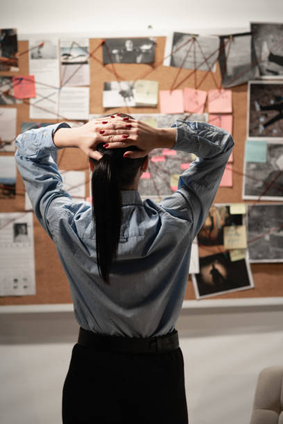 istock Lady private agent or detective looking at crime investigation board, back view 1463346961