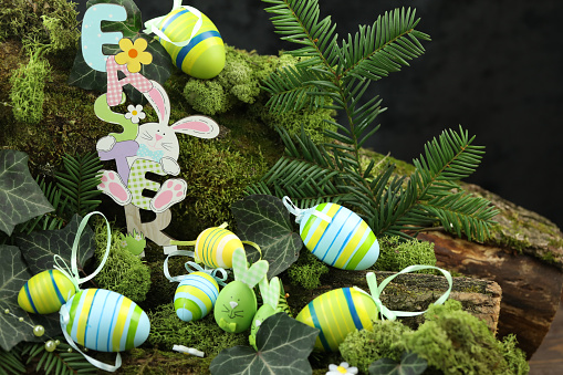 Easter text on green background with ivy, moss and wood