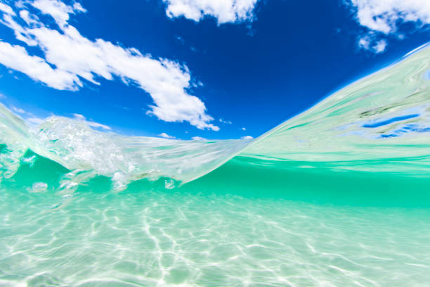 istock Split image of crystal clear blue water at the beach and a sunny blue sky day 1463347954