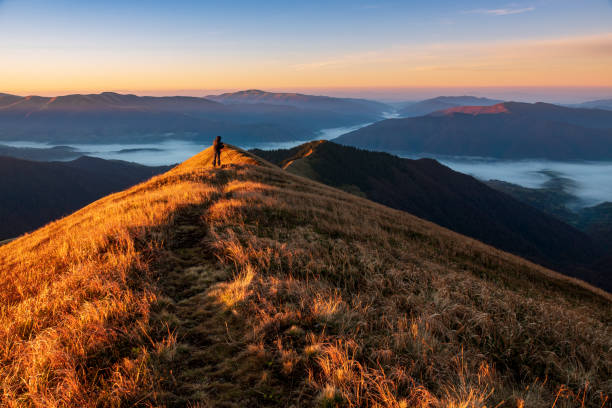 istock Photographer with tripod on the mountain top. 1463348160