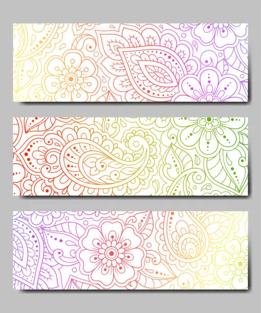 Vector illustration of Set of design yoga mats. Floral pattern in oriental style for decoration sport equipment. Colorful ethnic Indian ornaments for spiritual serenity. Decor of business card, poster, print in henna tattoo