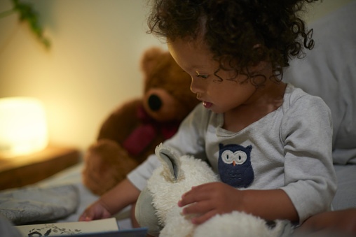 Book, learning and girl with teddy bear reading story, having fun and studying at night in bedroom. Education, development and infant, child or toddler with toy and read books for bed time in house.