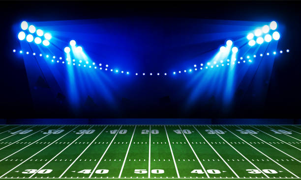 istock American football arena field with bright stadium lights Vector design. 1463352895