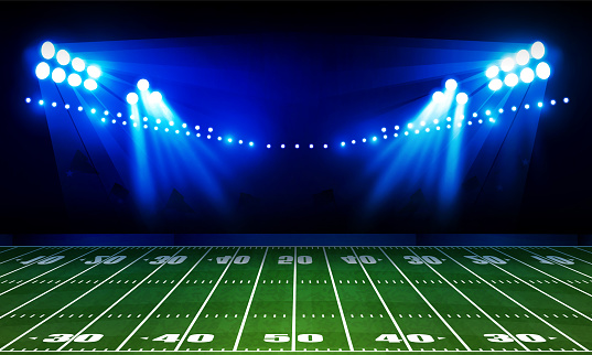 American football arena field with bright stadium lights Vector design.