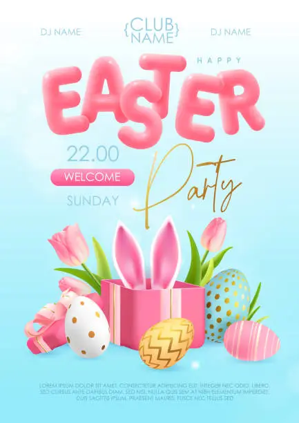 Vector illustration of Happy Easter typography party poster with colorful easter eggs, open gift box and 3D text. Greeting card or poster. Vector illustration