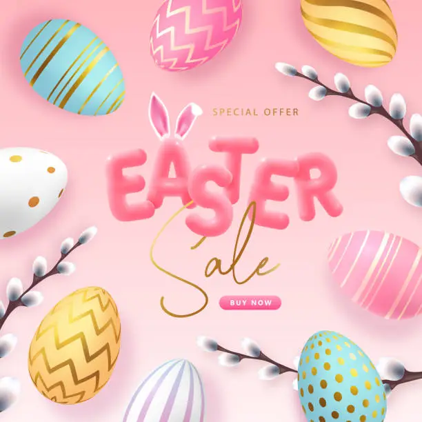 Vector illustration of Happy Easter typography big sale poster with colorful easter eggs and willow branch. Greeting card or poster. Vector illustration