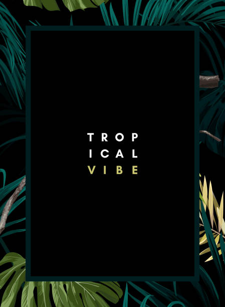 istock Dark tropical design with exotic monstera and royal palm leaves, blue macaws and branches. Realistic vector illustration. 1463355106