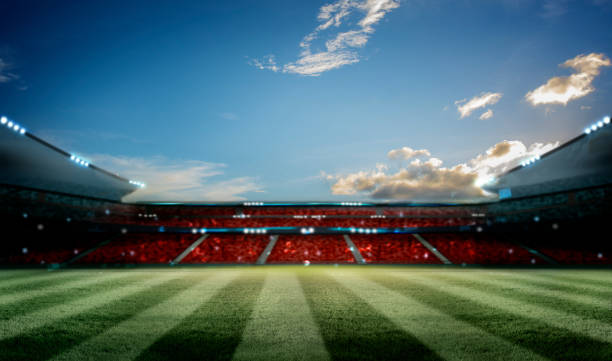 istock Green soccer field, bright spotlights, 1463355216