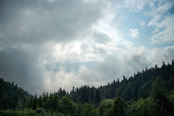 Majestic clouds over the woods in the mountains at sunset
