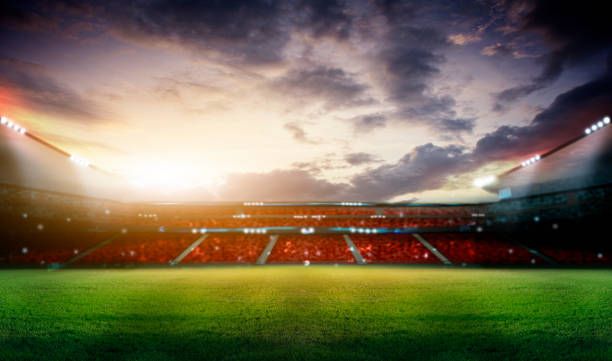 istock Green soccer field, bright spotlights, 1463355391