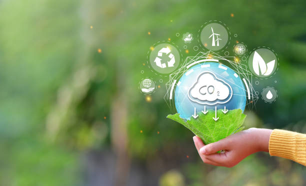istock Reduce CO2 emission concept in the hand for environmental, global warming, Sustainable development and green business based on renewable energy. 1463355392