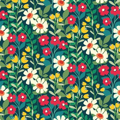 Seamless floral pattern with ornate wildflowers garden. Cute ditsy print, colorful botanical background with summer botany: small hand drawn flowers, large leaves, twigs, herbs. Vector illustration.