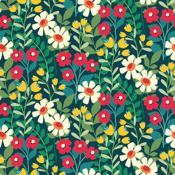 Seamless floral pattern with ornate summer meadow. Vector illustration. Seamless floral pattern with ornate wildflowers garden. Cute ditsy print, colorful botanical background with summer botany: small hand drawn flowers, large leaves, twigs, herbs. Vector illustration. decorative art stock illustrations