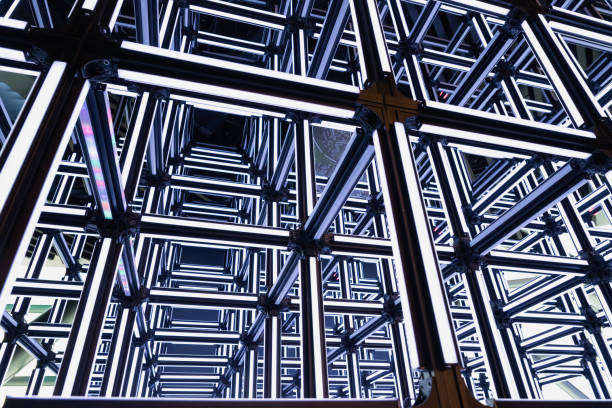 istock Abstract conceptual background with neon black and white cubes. Futuristic neon light cube art installation. Technology cyber cube, Sci fi shape. 1463359909