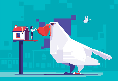 vector illustration of dove delivering heart to woman on house mailbox