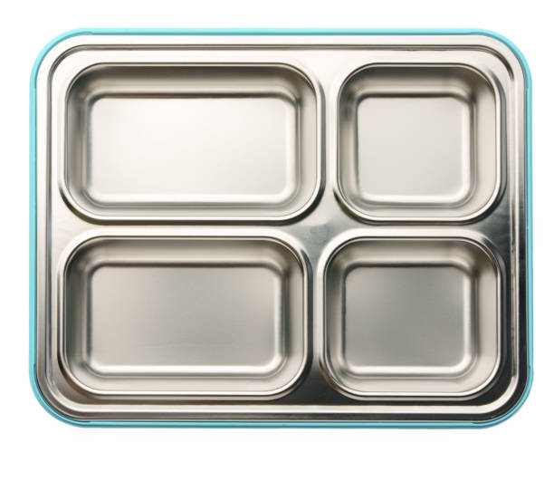 istock Empty lunch box with metal compartments isolated on white background. 1463361264