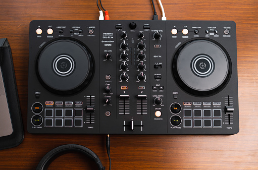 dj controller and Sound mixing desk at home,headphone