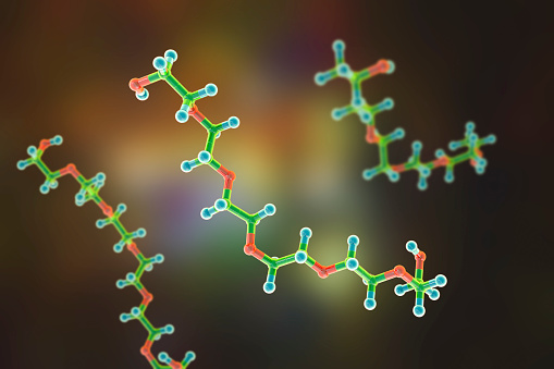 Polyethylene glycol (PEG). Hexaethylene glycol molecule, 3D illustration. A polyether compound with many applications in medicine, including production of lipind nanoparticle vaccines against COVID-19