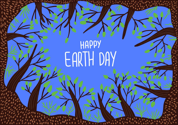 happy earth day poster. vektordarstellung mit bäumen und blättern - earth day banner placard green stock-grafiken, -clipart, -cartoons und -symbole