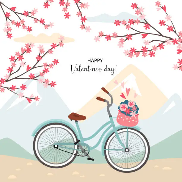 Vector illustration of Vector romantik illustration with bicyle and pink flowers. Mountain landscape