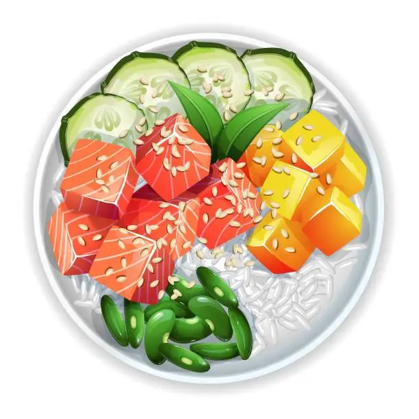 Vector illustration of Realistic illustrations with Poke bowl with salmon, mango, cucumber, and beans. Hawaiian restaurant menu design. Top view