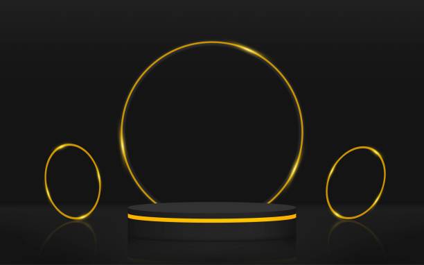 istock Minimal dark scene platform with black podium and gold circle. Vector rendering of podium pedestal shape for product presentation, showcase, mock up. Minimal stage platform 1463366381