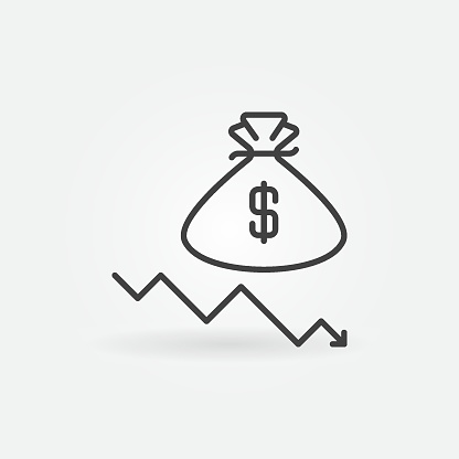 Falling Arrow with Money Bag vector Devaluation concept icon or symbol in outline style