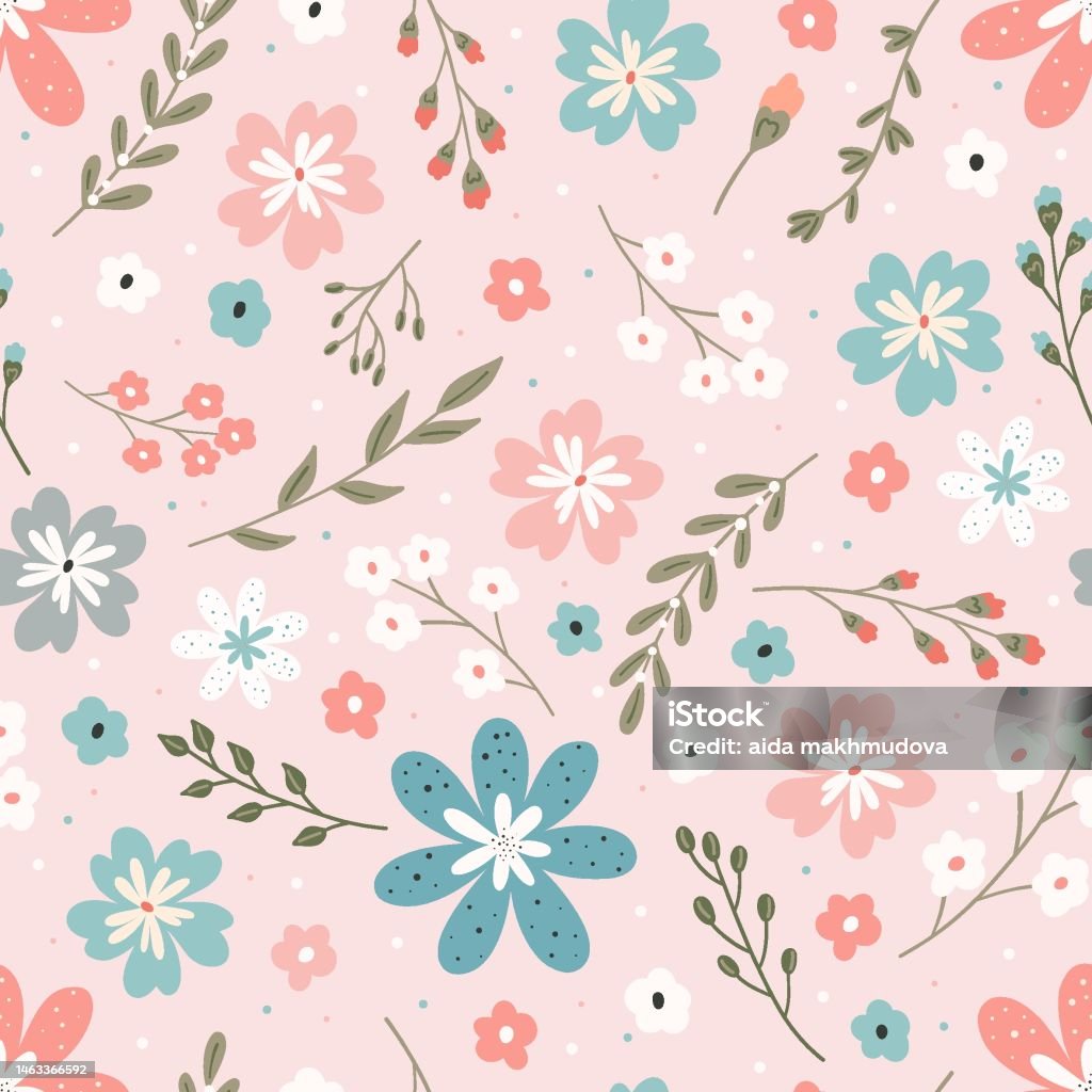Spring Seamless Pattern On Pink Flowers Background Stock Illustration ...