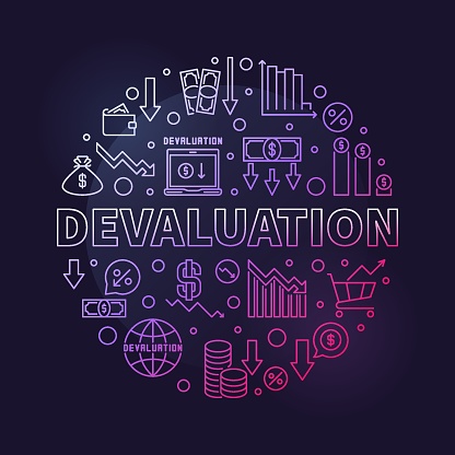 Devaluation round colored banner - Currency Depreciation vector modern illustration in line style